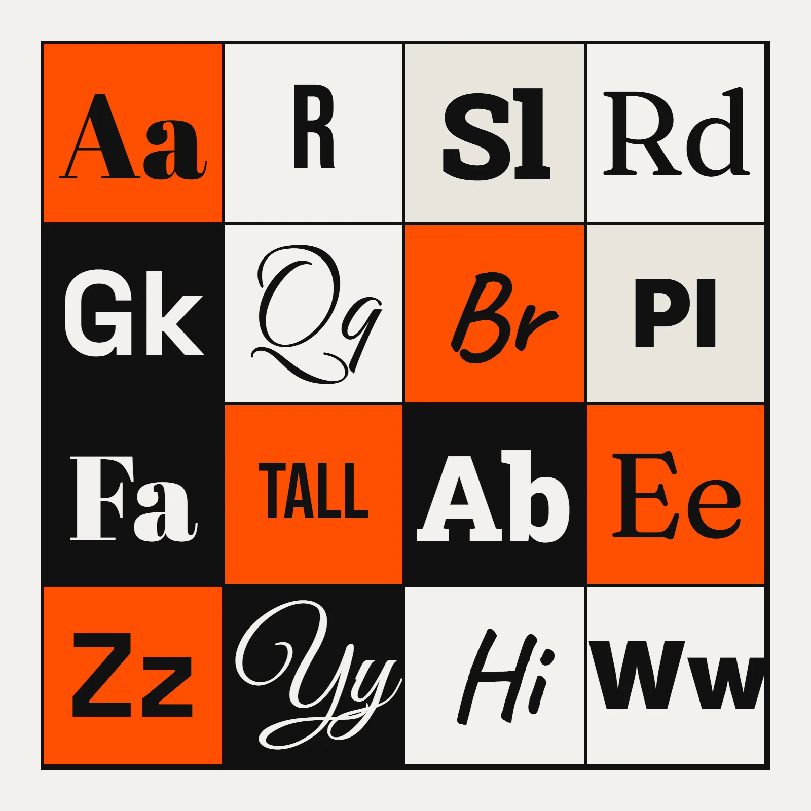 A wall of large glyph tiles, each tile set in a different typeface