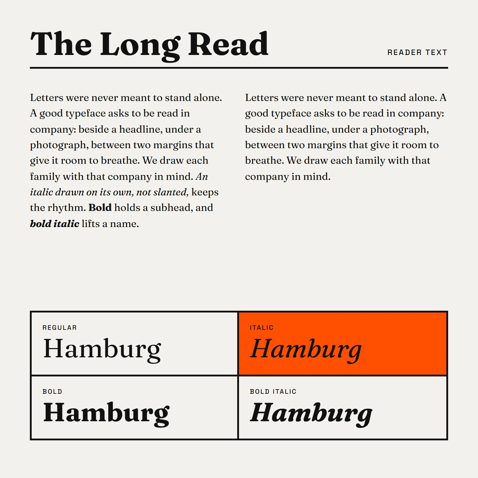 A two-column page of serif body text with style samples: regular, italic, bold and bold italic