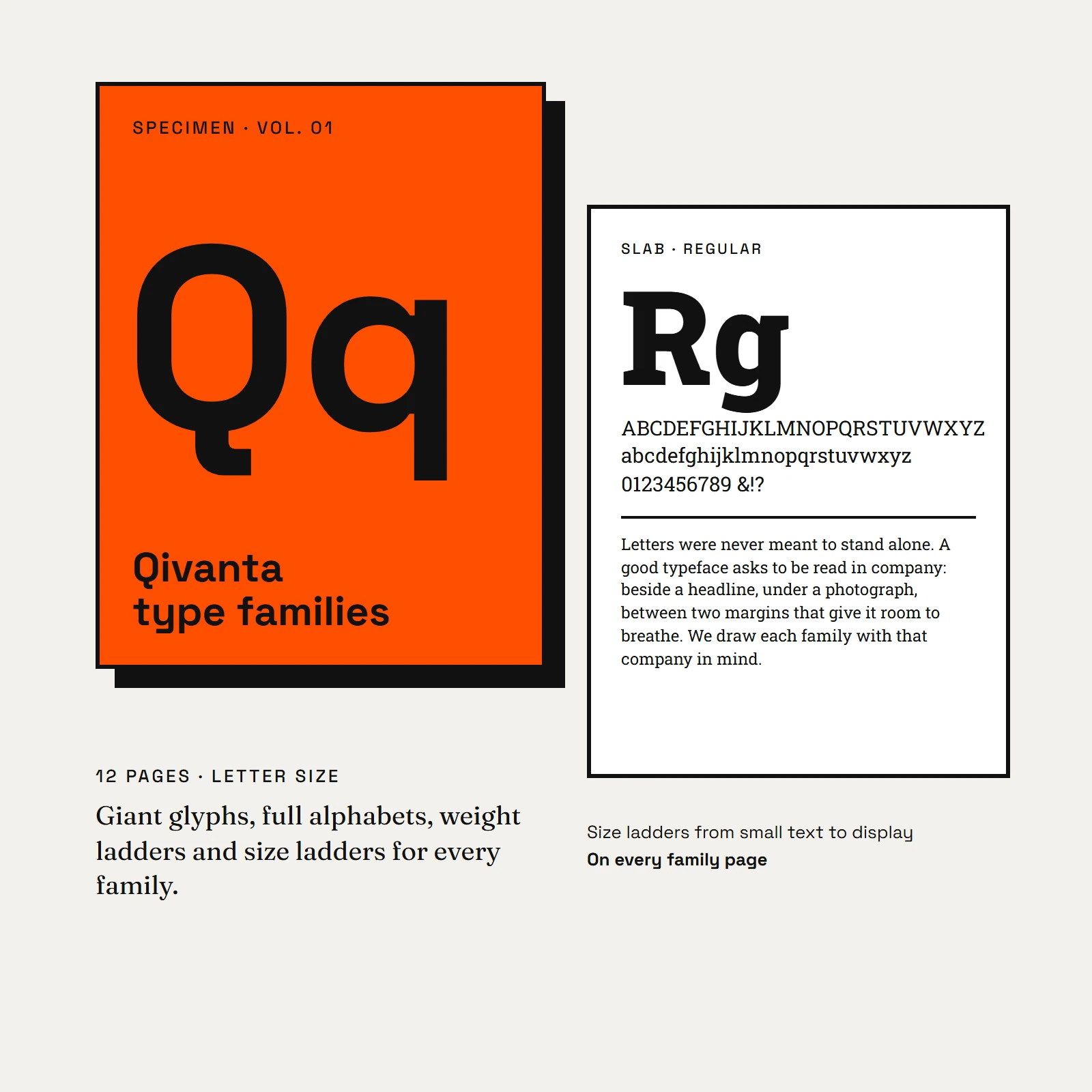 Printed type specimen booklet cover with a giant Q glyph and a spread of alphabets below